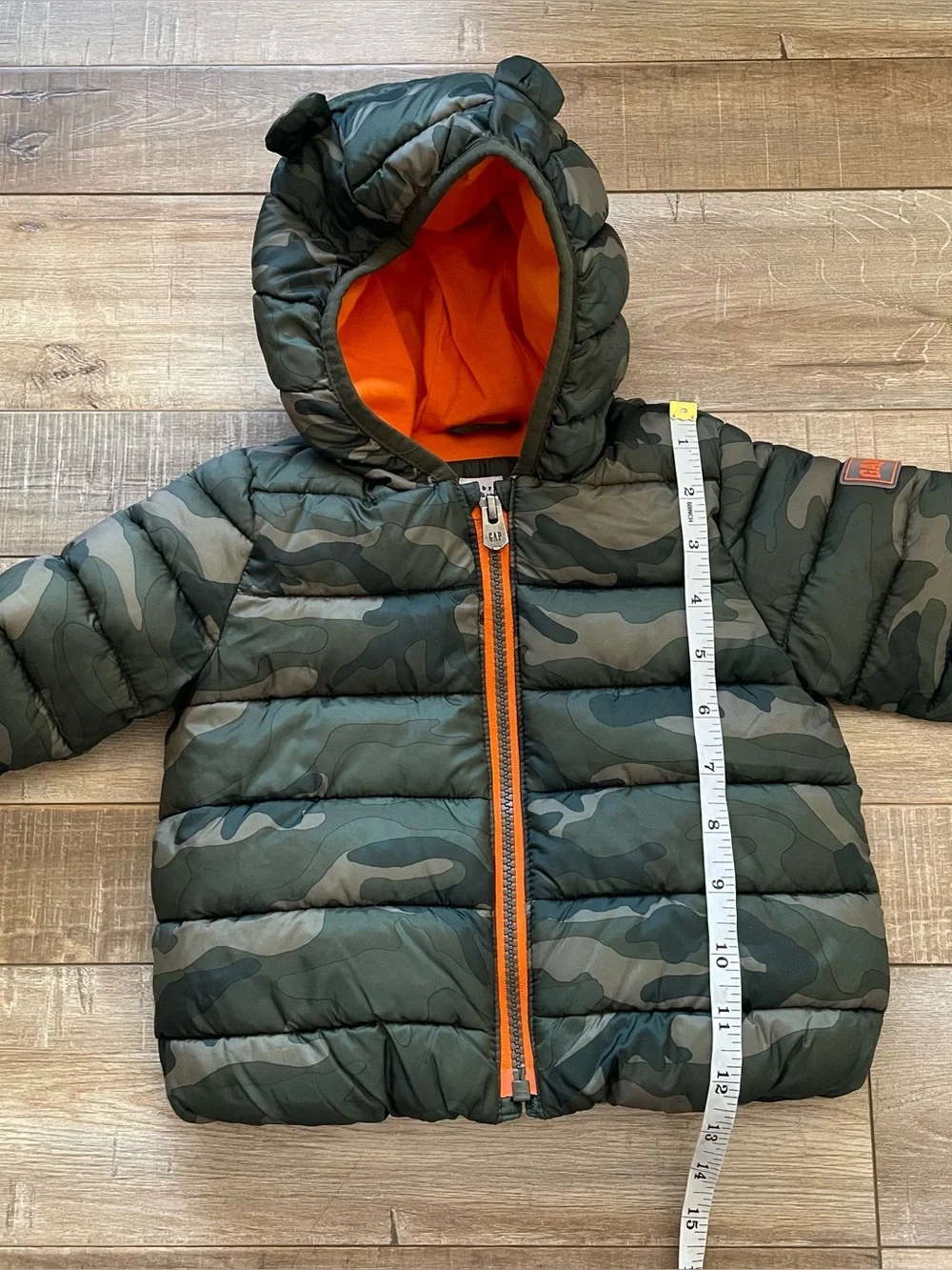 Baby Gap Boys 12-18M Camo Puffer Jacket Hood Bear Ears Orange Lined Coat